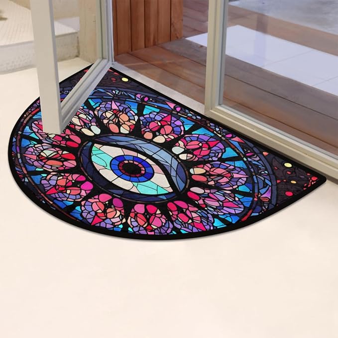 Colorful Eye Stained Glass Window Half Round Door Mat, Non-Slip Entrance Welcome Mat for Indoor Semi Circle Bathroom Floor Rugs Outdoor Mats House Heavy Duty Doormat for Kitchen Living Room 36x24 Inch