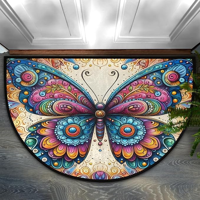 Colorful Butterfly Ethnic Half Round Mat Half Moon Door Rug Washable Durable Semi Circle Carpet Floor mats for Indoor Outdoor Bathroom Kitchen Patio Hearth Rug Laundry Room Home Decoration