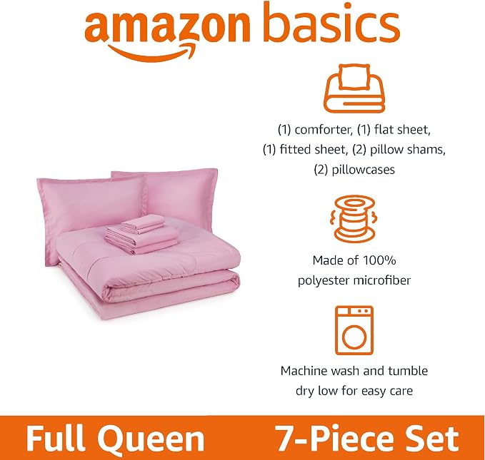 Amazon Basics 7-Piece Soft Microfiber Kid's Bed-in-a-Bag Bedding Set, Full/Queen, Pink, Solid