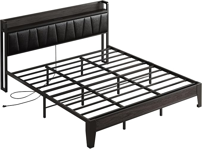 LIKIMIO King Bed Frame, PU Leather Storage Headboard with Charging Station, Solid and Stable, Noise Free, No Box Spring Needed, Easy Assembly, Black