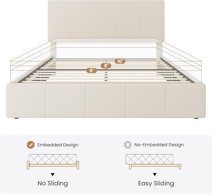 SHA CERLIN Queen Bed Frame, Dutch Velvet Upholstered Platform Bed, Vertical Channel Tufted Adjustable Headboard, Low Profile Bed Frame, No Box Spring Needed, Easy Assembly, Cream