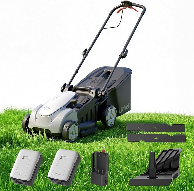 Litheli 40V Cordless Lawn Mower 16 Inch, 2x20V Electric Push Mower, Brushless Motor, 6 Position Cutting Heights 25 75mm, 50L Large Grass Catcher, Mulching Capable, 2x5.0Ah Batteries and Charger