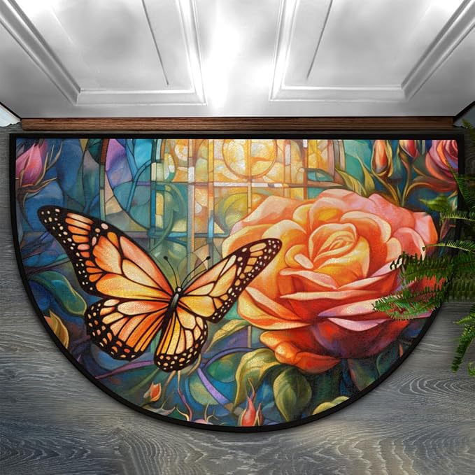 Butterfly Glass Morocco Half Round Door Mat Intdoor Entrance 36x24 Inch, Non-Slip Welcome Mat for Outdoor Semi Circle Bathroom Floor Rugs,House Entry Way Heavy Duty Doormat for Kitchen Living Room