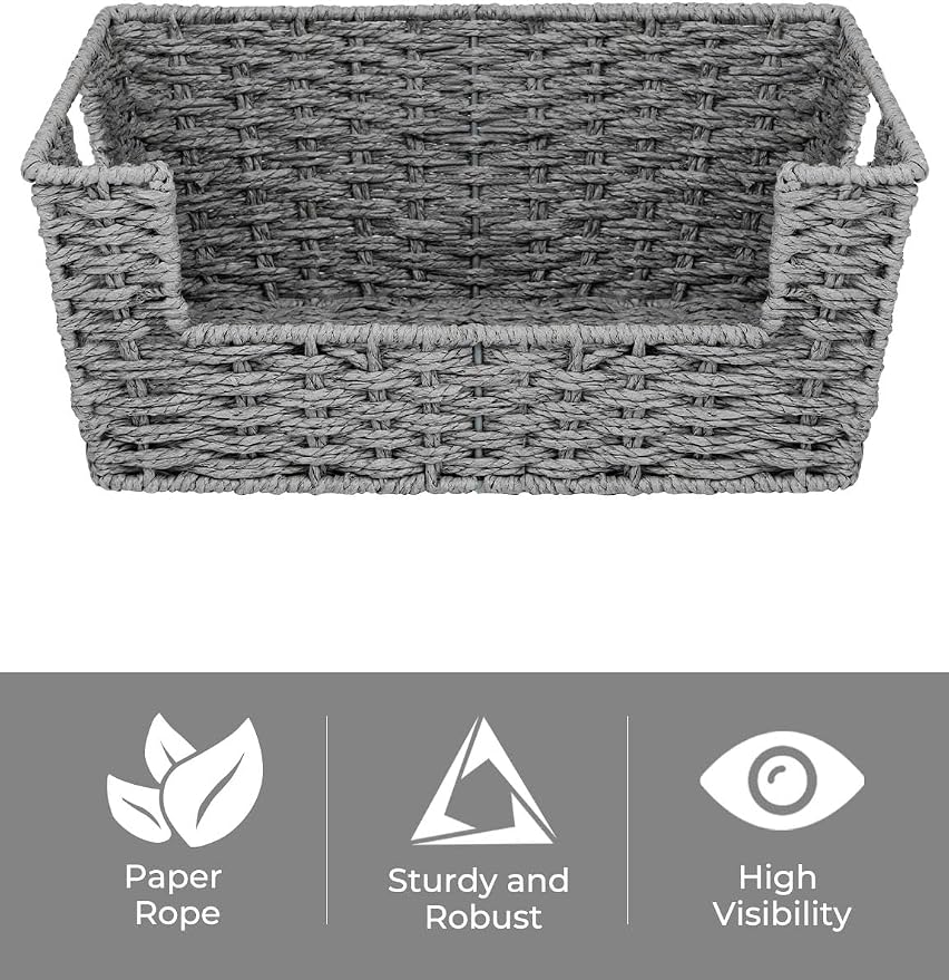 StorageWorks Round Paper Rope Woven Basket for Pantry Organizers and Storage, Stackable Wicker Pantry Baskets for Shelves, Grey, 2-Pack