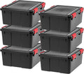 IRIS USA 6-Pack 31 Qt Storage Bins with Gasket Lids, Black/Red | WeatherPro seal protects everyday essentials in closets, offices and laundry rooms