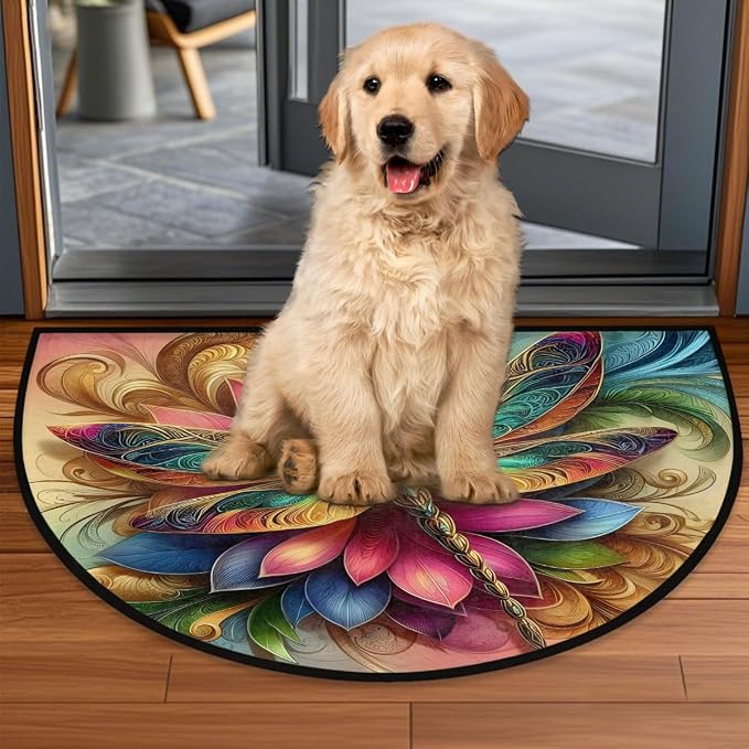 Pardick Half Round Doormat Dragonfly Flower Animal Semi Circle Rug Non Slip Indoor Outdoor Entrance Half Moon Rug Washable Front Floor Mat for Kitchen Bathroom Patio Fireplace Holiday Decor