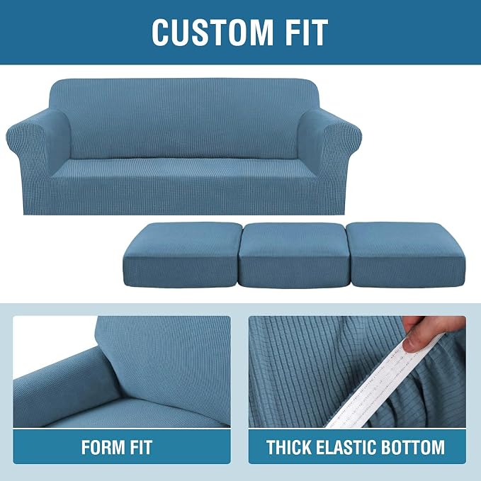 H.VERSAILTEX 4 Piece Stretch Sofa Covers for 3 Cushion Couch Covers for Living Room Furniture Slipcovers (Base Cover Plus 3 Seat Cushion Covers) Upgraded Thicker Jacquard Fabric (XL Sofa, Dusty Blue)