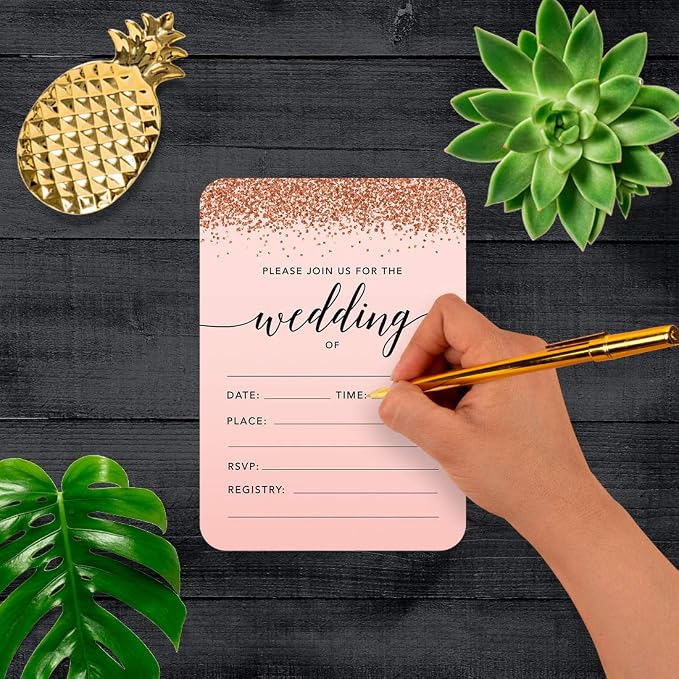 Andaz Press Blush Pink and Rose Gold Glitter Elegant Party Collection, 5x7-inch Invitations with Envelopes, Wedding, 24-Pack, Double Sided Printing, Heavy Card Stock, Includes Envelopes