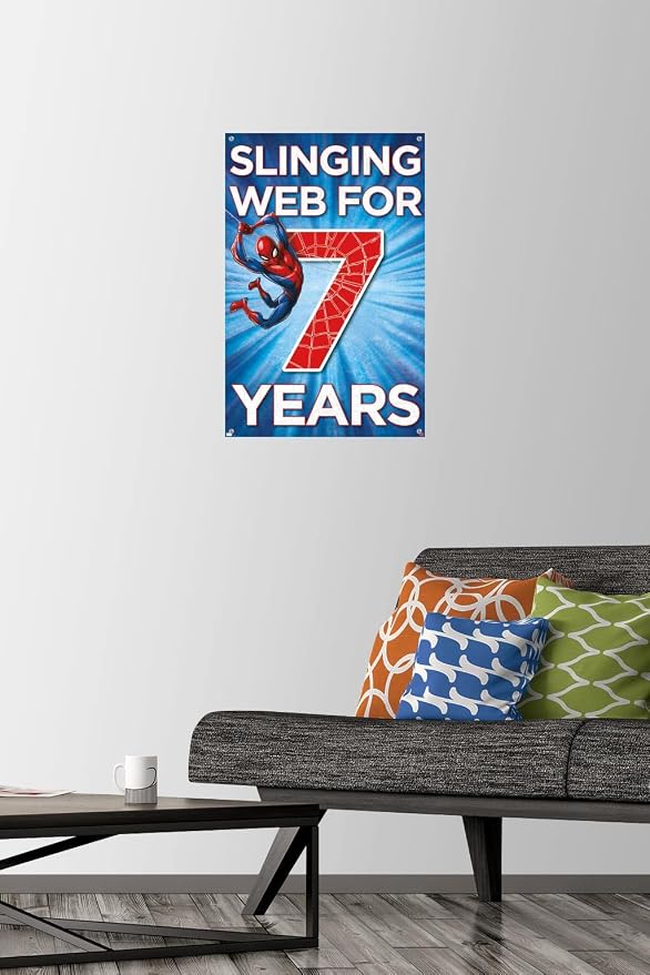 Trends International Marvel Spider-Man - Happy 7th Birthday Wall Poster, 14.72" x 22.37", Premium Poster & Push Pin Bundle