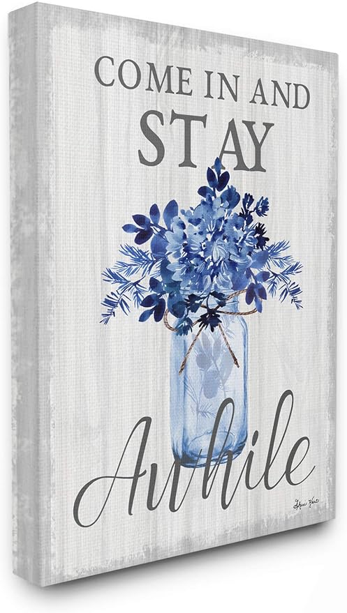 Stupell Industries Stay Awhile Blue Flower Jar Grey Word Design Canvas Wall Art, Multi-Color