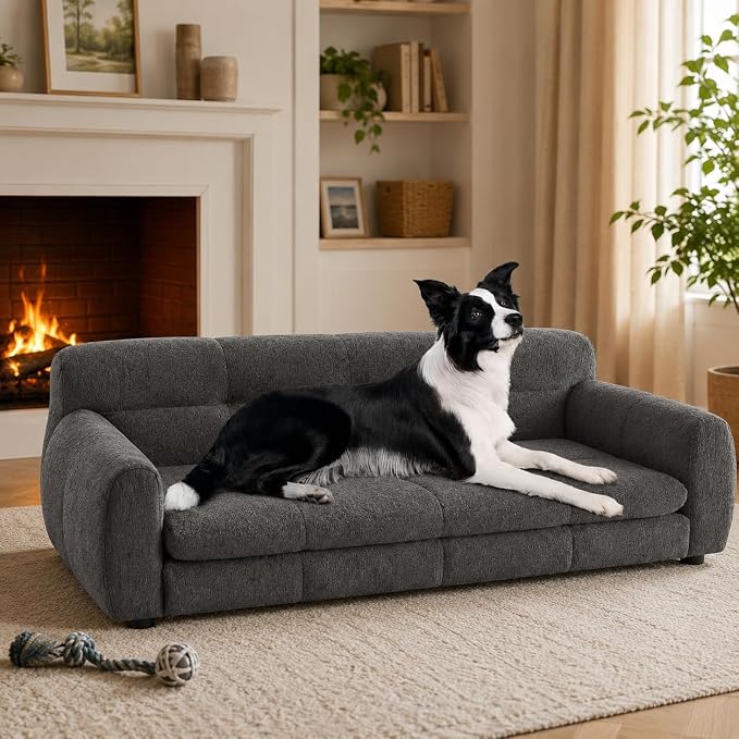 51"×28" Large Dog Sofa, for Large & Extra Large Dogs | Detachable Cushion | Reinforced Low Base|Non-Sagging |Linen Fabric | Soft Cushion | Armrest & Backrest | Dark Gray