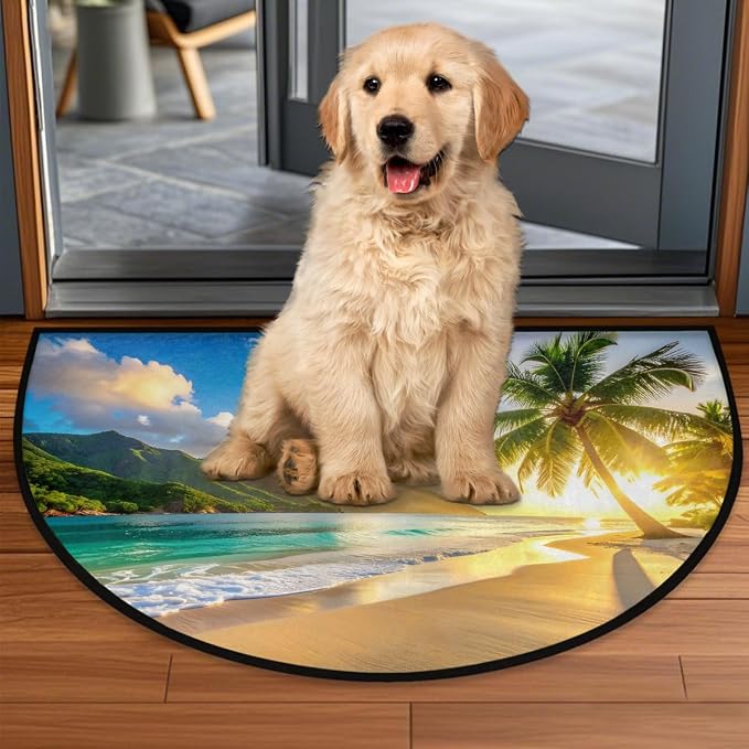 Summer Sunshine Half Round Door Mat Non Slip Half Circle Rugs | Palm Tree Washable Half Moon Rug Semi Circle Rugs Indoor Entrance Floor Carpet for Kithen Bedroom Fireplace Decor