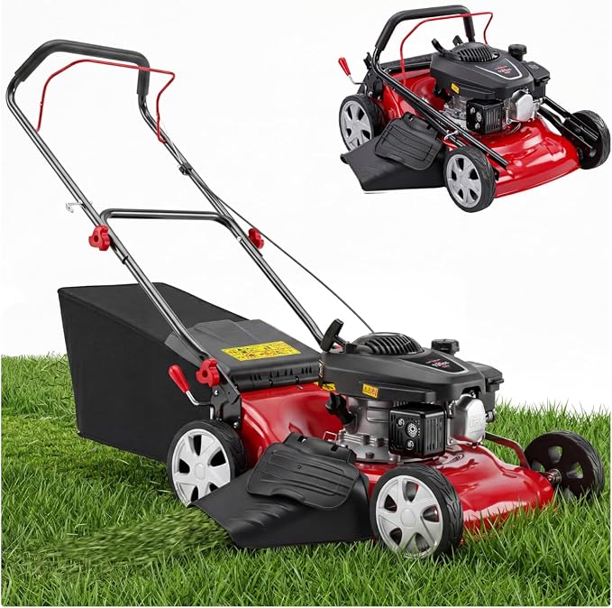 18-Inch Gas Lawn Mower, 131cc 4-Stroke OHV Engine, 3-in-1 Push Walk-Behind | 18" Blade | 3-in-1 Mulch/Bag/Rear Discharge with 50L Grass Tank | Yard Garden | 8 Cutting Height Adjustment | Steel Deck