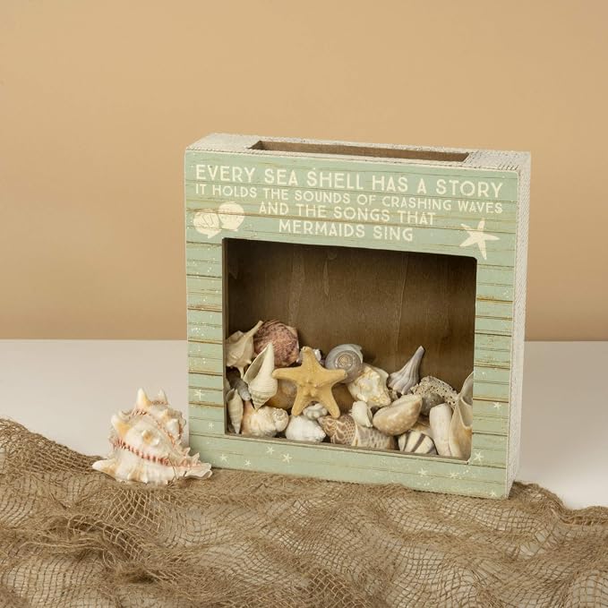 Primitives by Kathy | Rustic beach house decor featuring "Every Sea Shell Has A Story" sentiment. Clear glass windows for beach treasures