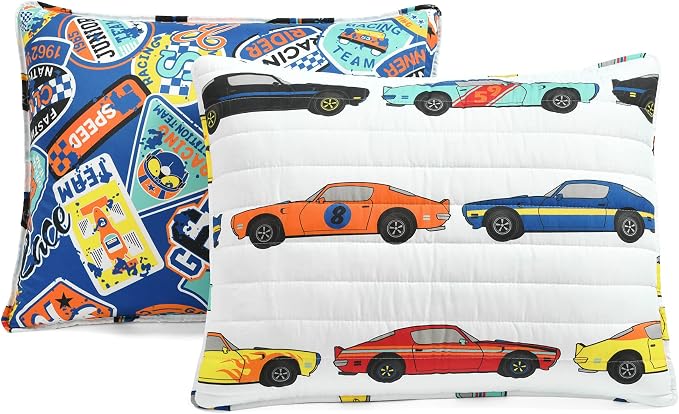Lush Decor Race Car Kids' 2-Piece Quilt Bed Set, Reversible Bedding Set for Boys, White, Twin