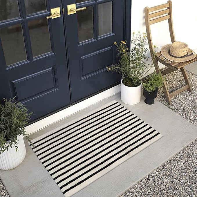 Collive Black and White Striped Door Mat 24"x35", Cotton Hand Woven Welcome Entryway Rug,Washable Small Porch Fall Decor, Welcome Door Mat for Indoor Outdoor Kitchen Farmhouse Entrance
