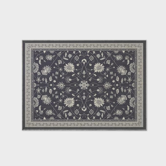 EVERGRACE Area Rugs for Living Room 5x7, Boho Floral Faux Wool Indoor Outdoor Rugs, Washable Rugs for Bedroom Dining Room Entryway Kitchen, Low Pile Floor Mat Carpet for Home Decor, Ebony Black