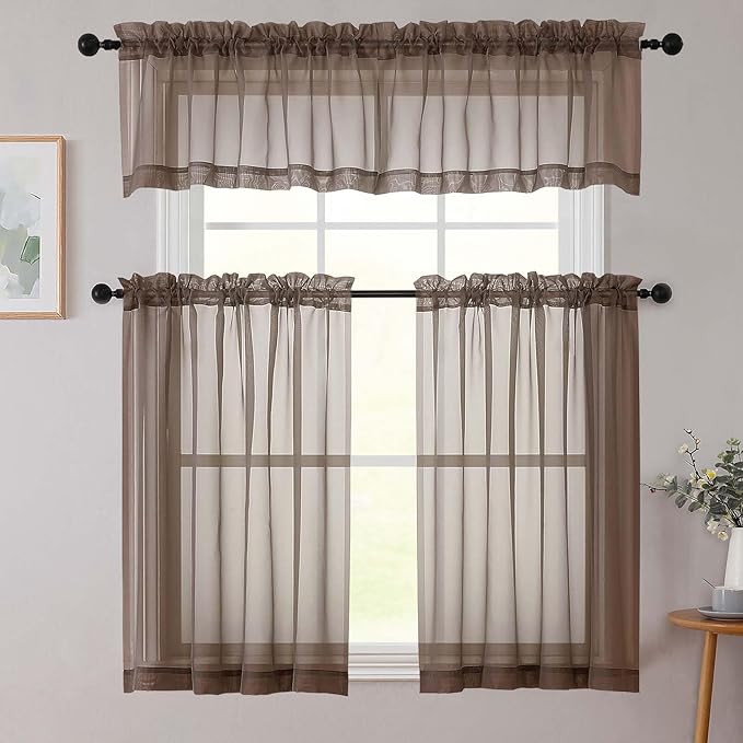 Kitchen Curtains 24 Inch Length Tier 2 Pieces, Chocolate Sheer Curtain Solid Soft Sheer Short Curtains for Windows, Cafe Bathroom Basement Rod Pocket Drapes, Chocolate, Each 42"Wx24"L Inches