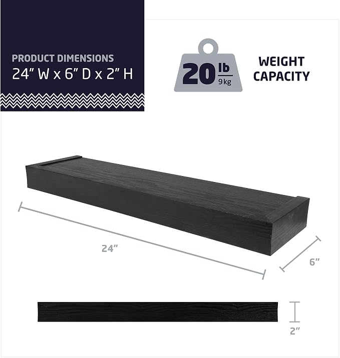 High & Mighty Floating Shelf, 24in x 6in, 1 Pack, Black | Black finish, 20lb capacity with tool-free drywall mounting, Ideal for books, plants, photos, and bathroom storage