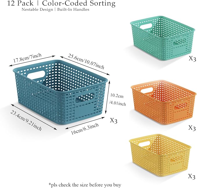 ORGIDOL Colorful Plastic Storage Baskets Bins for Home Organizing, 12 Pack | Space-Saving Storage Container with Handles, Multi-Purpose Storage Box, for Cabinet, Shelve, Countertop, Closet, Classroom