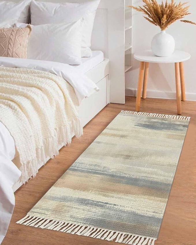 Beige Gray Brown Runner Rug 2X4 Ft Entryway Outdoor Indoor Mat, Washable Woven Abstract Ombre Art Throw Carpet with Tassel, Non-Shedding Vintage Minimalist Gradient Aesthetic Hallway Bath Mats