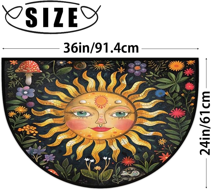 Half Round Doormat Boho Flower Sun Non Slip Half Circle Area Rugs Indoor Washable Half Moon Rug Semi Circle Bathroom Runner Mat Entrance Floor Carpet for Kithen Bedroom Fireplace Decor