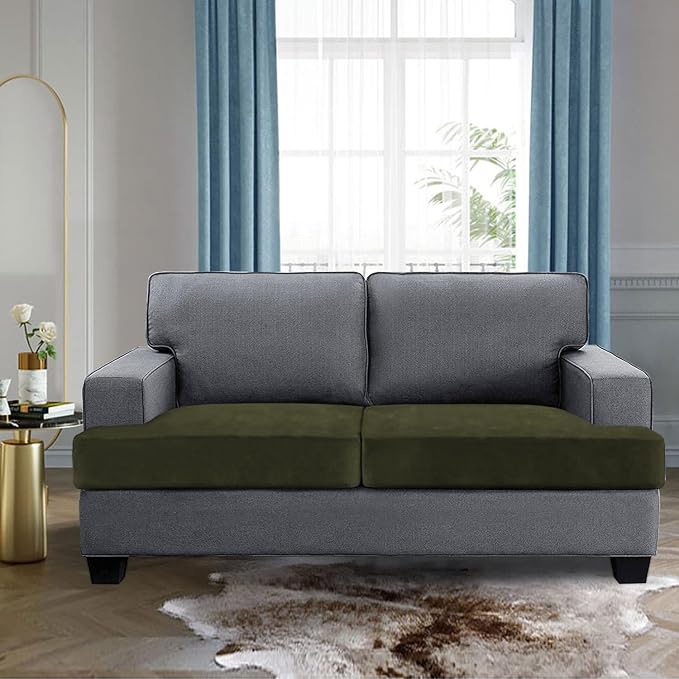 H.VERSAILTEX Stretch Velvet 2 Piece T Cushion Sofa Slipcovers for Living Room Individually Sofa Covers for 2 Cushion Seat Cushion Covers (Sofa, Olive)