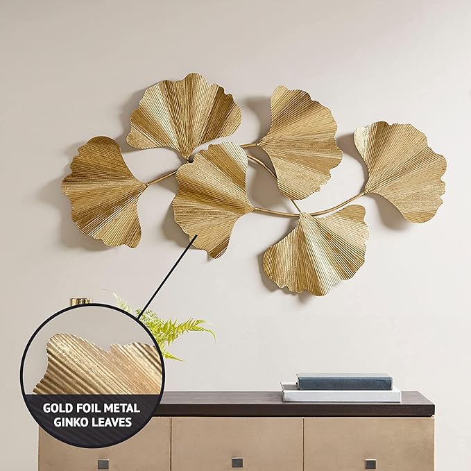 Madison Park Wall Art Living Room Décor Faye Metal Foil Ginkgo Leaf Large Home Accent Modern Inspired Dining, Bathroom Decoration Ready to Hang Ornament for Bedroom, 43"W x 23.5"H x 1.6"D, Gold