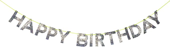Meri Meri Silver Happy Birthday Banner (Pack of 1), 8' Birthday Party Banner with Excess Cord