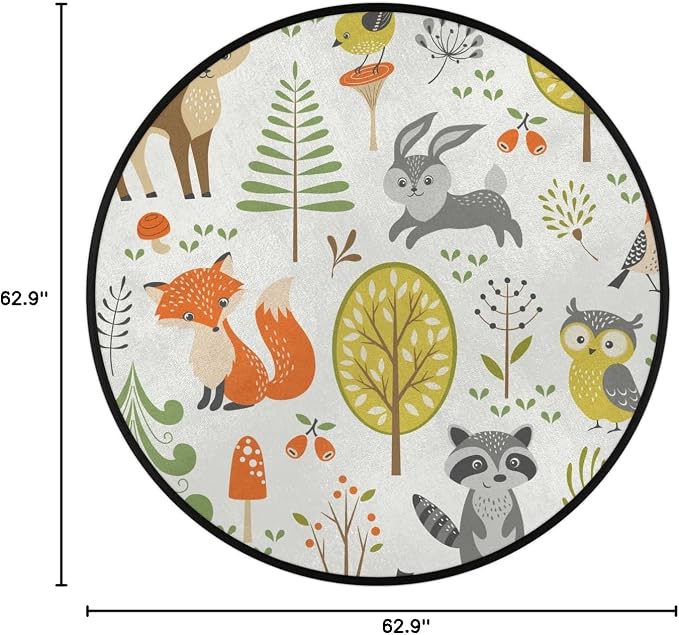 Woodland Animals Round Area Rug, Fox Elk Bear Mushroom Non-Slip Circle Rug for Bedroom Living Room Outdoor Study Playing Floor Mat Carpet, 5.2' Diameter