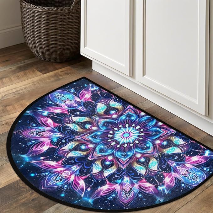 Ethnic Mandala Half Round Rug Half Moon Door Mat Half Circle Rugs | Boho Galaxy Washable Non-Slip Semi Circle Rug Welcome Half Round Door Mat Indoor Entrance Kitchen Bedroom Living Room Decor