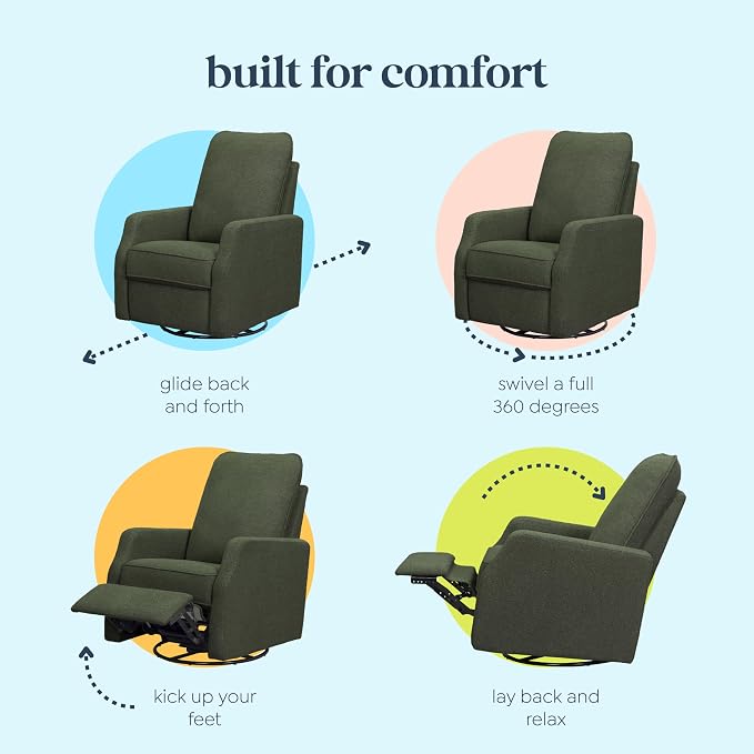 Davinci Lucas Pillowback Swivel Recliner in Cozy Olive Boucle, Greenguard Gold & CertiPUR-US Certified | GREENGUARD Gold Certified Nursery Recliner Chair w/ High Pillow-Back, Padded Arms & Bonus Lumbar Pillow - Manual, 360° Swivel
