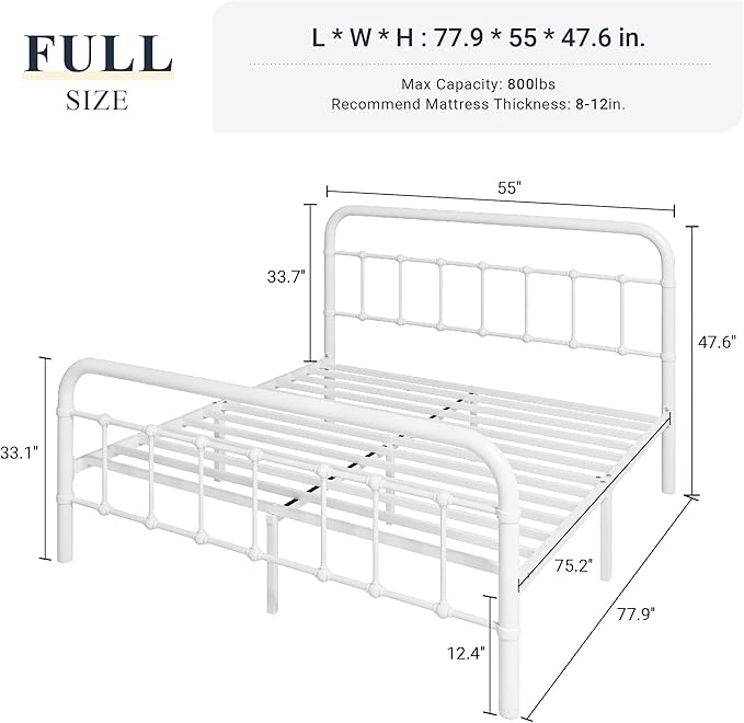 Allewie Full Metal Bed Frame with Victorian Iron-Art Headboard, White | Victorian Style Wrought Iron-Art Headboard/Footboard, Easy Assembly, Under Bed Storage, No Box Spring Required