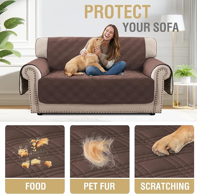 H.VERSAILTEX 100% Waterproof Furniture Covers for Sofa and Loveseat Modern Sofa Covers Waterproof and Washable Thick Soft Couch Cover for Dogs with Elastic Straps (Loveseat, Brown/Beige)