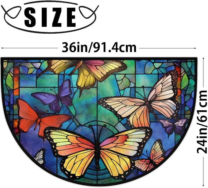 Half Round Door Mat Butterflies Portuguese Intdoor Entrance 36x24 Inch, Non-Slip Welcome Mat for Outdoor Semi Circle Bathroom Floor Rugs,House Entry Way Heavy Duty Doormat for Kitchen Living Room