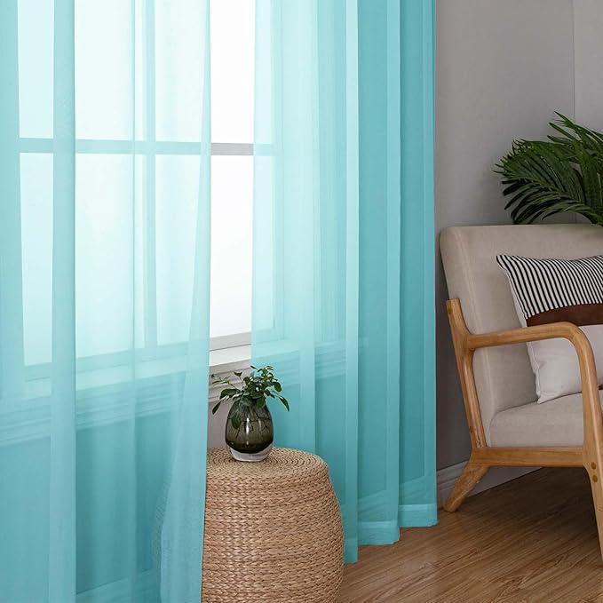 Lecloud Aqua Sheer Curtains for Bedroom 54 Inch Length 2 Pcs, Rod Pockets Solid Color Window Curtains for Living Room, Elegant Light Filtering Airy Voile Home Decor Drapes, Each Panel 42" W x 54" L