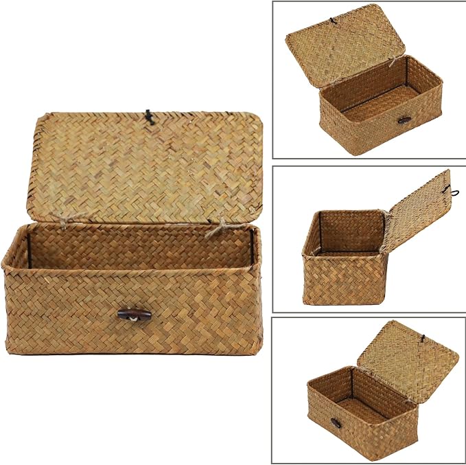 Seagrass Wicker Storage Basket with Lid, Small, Natural | Small Storage Box, Shelf Organizer, Rectangular Woven Bin, Baskets for Organizing, Natural Decor, 9.05 x 5.11 x 3.34