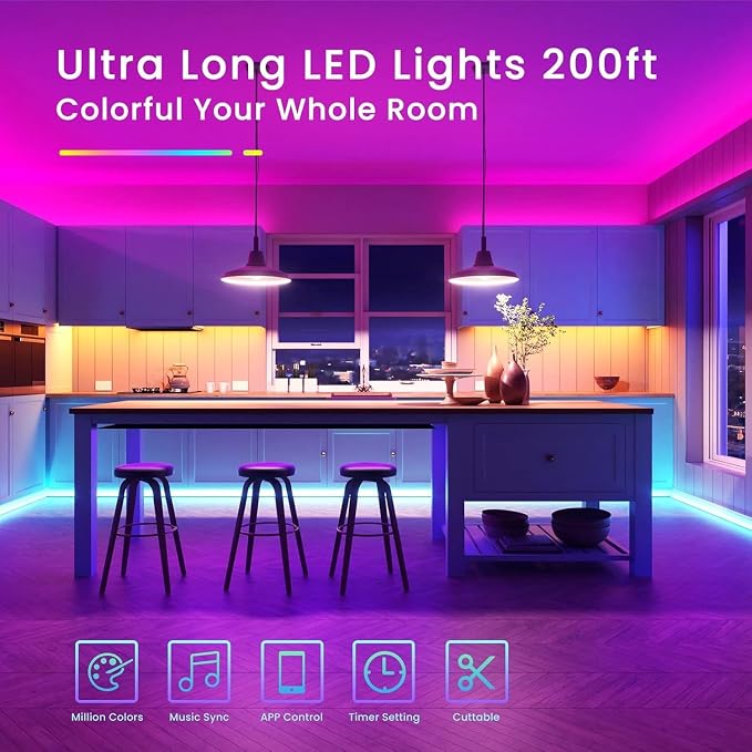 TJOY 200ft Bluetooth LED Strip Lights, Long Strip Lighting Music Sync, RGB Color Changing LED Lights for Bedroom with Remote,Smart Phone APP Control, Ceiling Living Room Decor (APP+Remote+Mic/2 Roll) | Music Sync Rope Lights via Bluetooth for Room Deco...