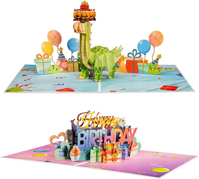 Paper Love Birthday Pop Up Cards 2 Pack - Includes 1 Birthday Dinosaur and 1 Happy Birthday, For Adults or Kids -8" x 6" Cover - Includes Envelope and Note Tag