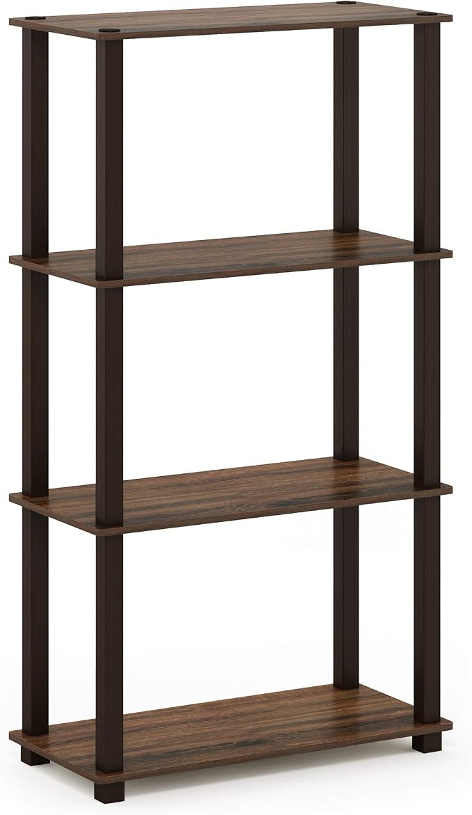 Furinno TURN-S-TUBE Storage Shelves, 4-Tier Book Shelf, Corner Shelf, Toolless Open Shelves, for Organization and Storage, Living Room, Garage, Home Office, Walnut