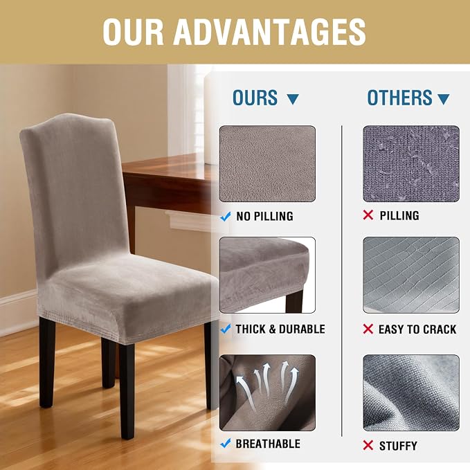 H.VERSAILTEX Dining Chair Covers Stretch for Dining Room Set of 4 Parson Chair Slipcovers Protectors, Soft Thick Solid Velvet Fabric Washable, Taupe