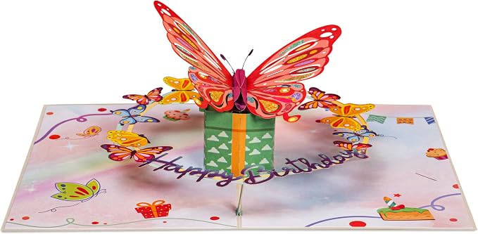 Paper Love Birthday Pop Up Cards 2 Pack - Includes 1 Birthday Butterfly and 1 Butterfly Birthday Cake, For Adults or Kids -5" x 7" Cover - Includes Envelope and Note Tag