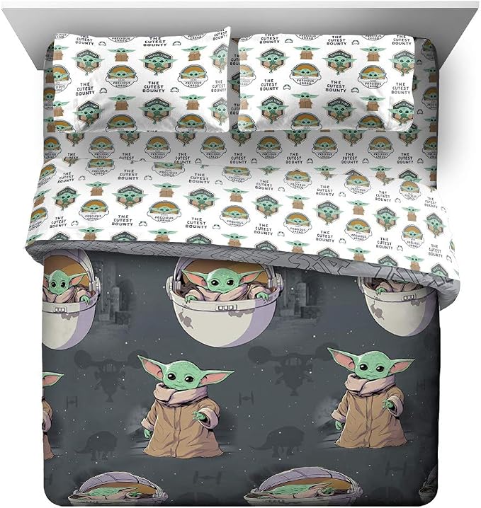 Star Wars Mandalorian Grogu Queen Comforter Set 5 Piece Bedding, Gray | Baby Yoda, Comforter Sheets Pillowcases, Official Product, Soft Microfiber, Machine Washable, Easy Care, Kids Gift