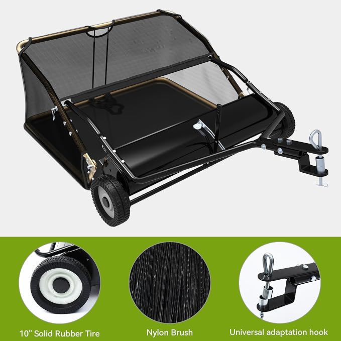 AUTOSAVER88 48" Lawn Sweeper Tow Behind with Adjustable Sweeping Height | Leaf & Grass Collector with Dumping Rope Design, 25 Cu.ft Hopper Pull Behind Lawn Sweeper for Leaves, Grass & Debris