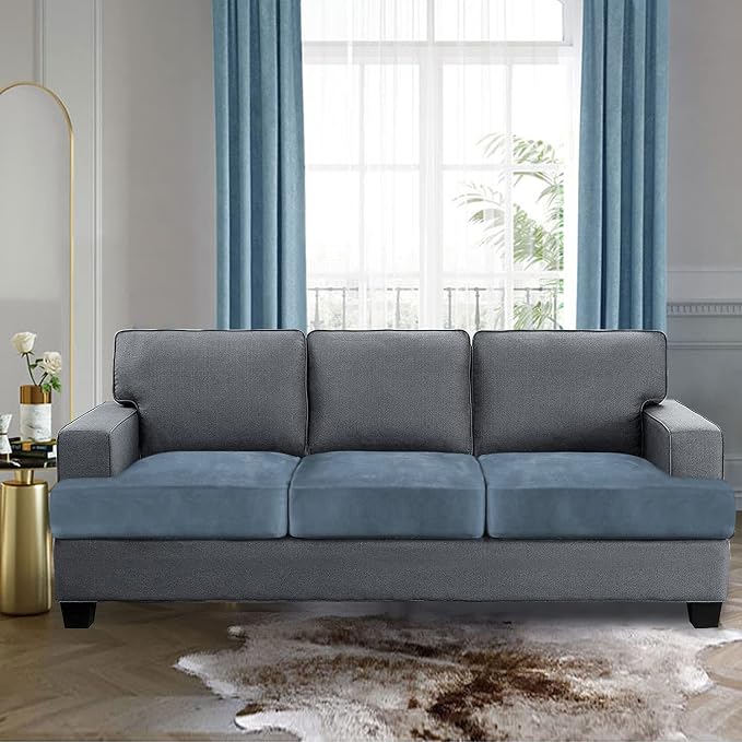 H.VERSAILTEX Stretch Velvet 3 Piece T Cushion Slipcovers - Individually Fitting Sofa Cushion Covers for 3 Cushion Couch - Stay in Place (Stone Blue)
