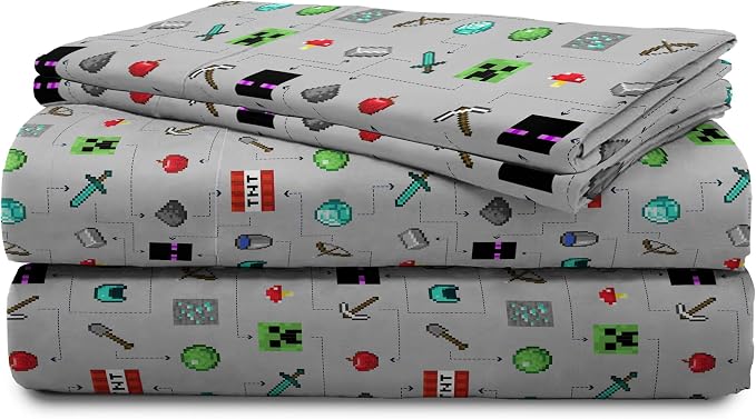 Jay Franco Kids Sheet Set with Fitted, Flat Sheets & Pillow Cover - Ultra-Soft Bedding with Pillowcase for Room Decor, Gray - Minecraft, 4 Piece Full