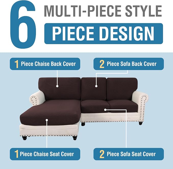 H.VERSAILTEX Sectional Couch Covers 6 Pieces Stretch Sofa Covers for Sectional Sofa Set Separate L Shaped Couch Cover for Both Left/Right Couch (Seat and Back: 1 Chaise + 2 Sofa, Chocolate)