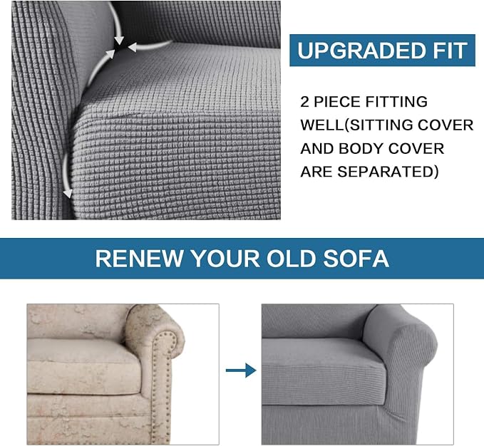 H.VERSAILTEX Stretch Armchair Covers Slipcover 2 Piece Chair Covers for Living Room Furniture Cover Suit for T Cushion/Box Cushion, Spandex Jacquard Fabric Small Checks(Armchair-Standard, Dove)