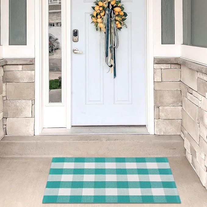 Ckorzen Green and White Plaid Rug, 28" x 43" Spring Outdoor Front Porch Door Decor Mat, Washable Cotton Woven Farmhouse Area Rug for Layered Door Mats Carpet, Entryway, Easter Décor