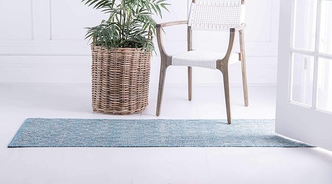 Unique Loom Outdoor Trellis Collection Area Rug - Tribal Trellis (2' x 6' 1" Runner, Aqua/ Ivory)